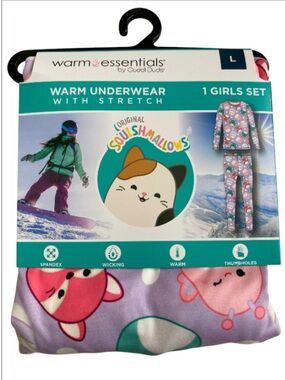 Squishmallows Girls Thermal Set from Cuddl-Duds - Lavender & Pink Cat Print NWT